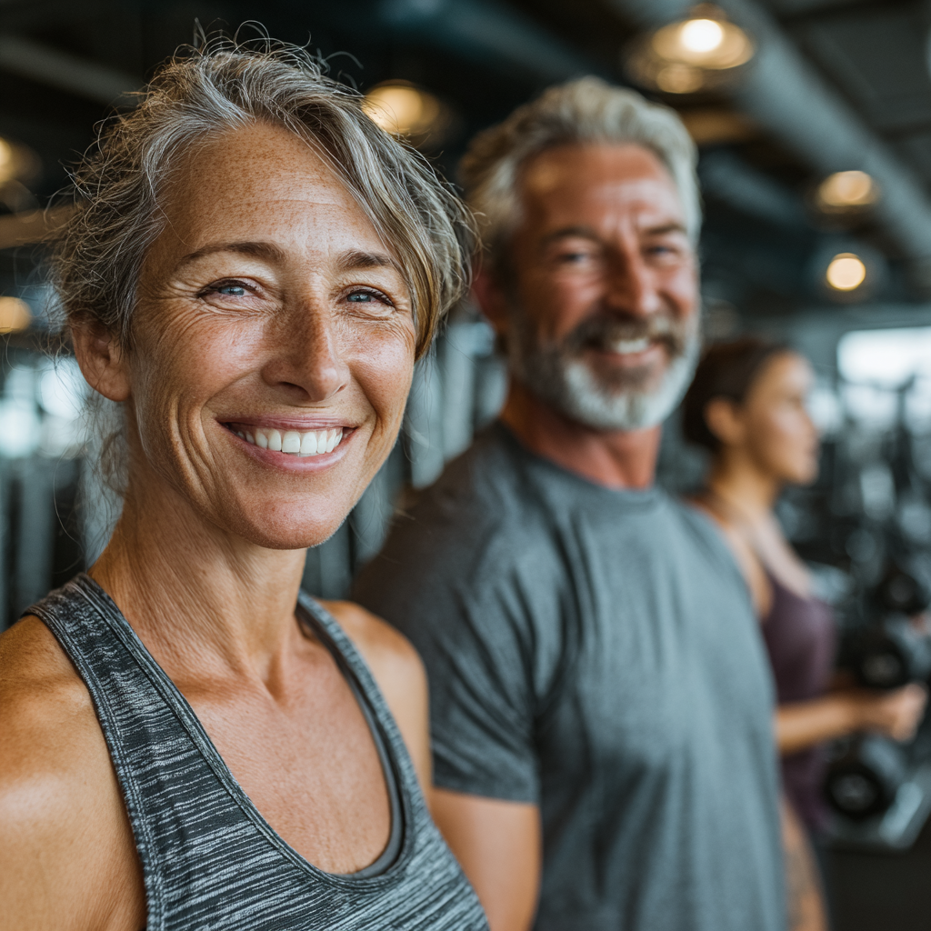 mature adults working with personal trainer in well-equipped fitness facility