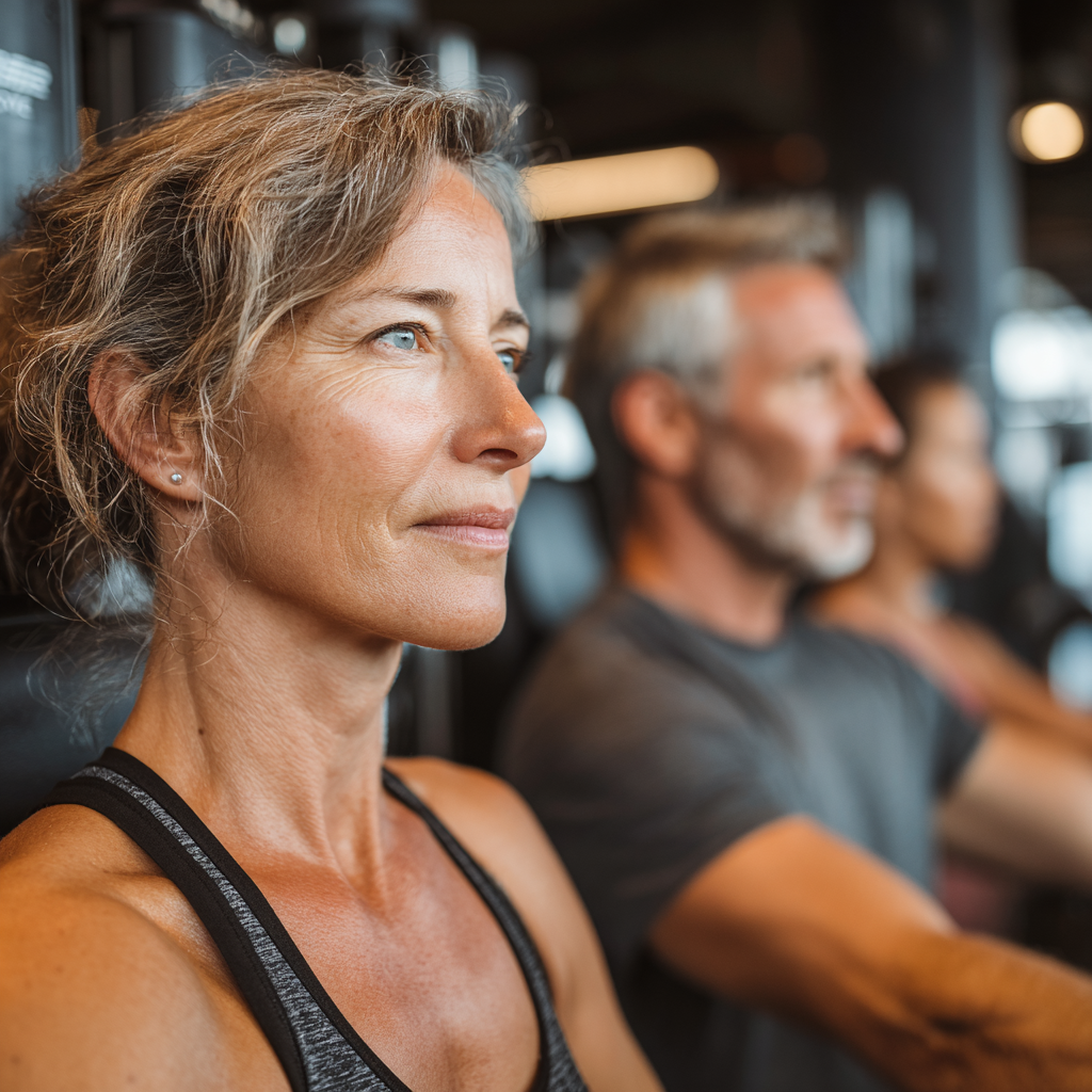 middle-aged adults training with professional equipment in modern fitness center